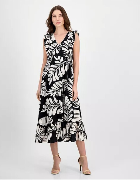 Anne Klein Dresses & Skirts - NWT Anne Klein Black Ivory Tropical Leaf Midi Dress Ruffle Sleeve Size 6 $149